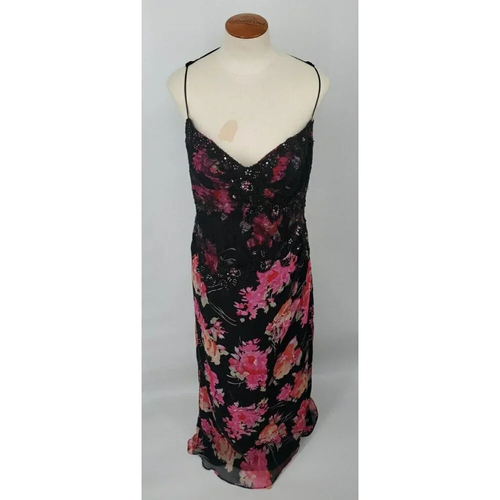 Ricki Freeman Teri Jon Silk Floral Sequin Beaded Halter Maxi Dress Sz 12 - Picture 4 of 16